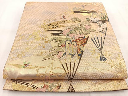 平和屋着物◎六通柄袋帯　唐織　扇花鳥文　金銀糸　正絹　逸品　BAAX3082yc