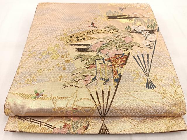 平和屋着物◎六通柄袋帯　唐織　扇花鳥文　金銀糸　正絹　逸品　BAAX3082yc