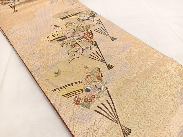 平和屋着物◎六通柄袋帯　唐織　扇花鳥文　金銀糸　正絹　逸品　BAAX3082yc