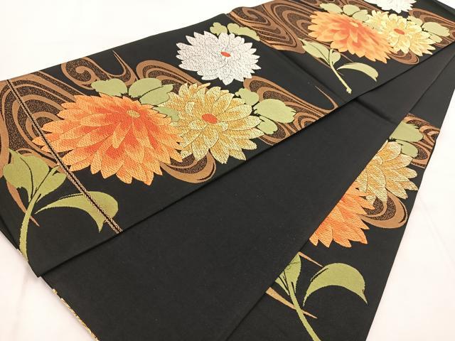平和屋着物◎六通柄袋帯　唐織　菊水　黒地　金銀糸　正絹　逸品　BAAX3083yc