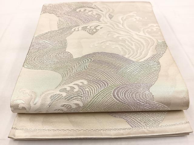 平和屋着物◎六通柄袋帯　唐織　立波文　銀糸　正絹　逸品　BAAX3085yc