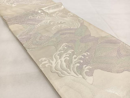平和屋着物◎六通柄袋帯　唐織　立波文　銀糸　正絹　逸品　BAAX3085yc