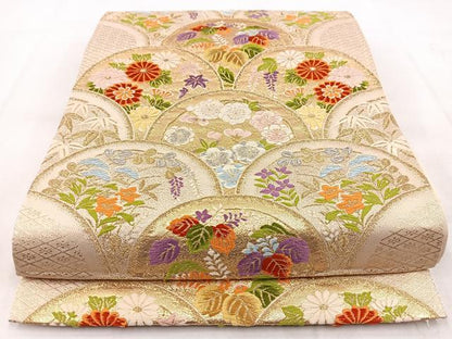 平和屋着物◎六通柄袋帯　唐織　花青海波　金銀糸　正絹　逸品　BAAX3089yc
