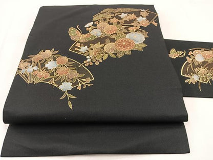 平和屋着物◎九寸名古屋帯　地紙花蝶文　黒地　金彩　BAAX3104yc