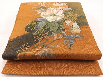 平和屋着物◎八寸名古屋帯　紬地　草花文　正絹　逸品　BAAX3105yc