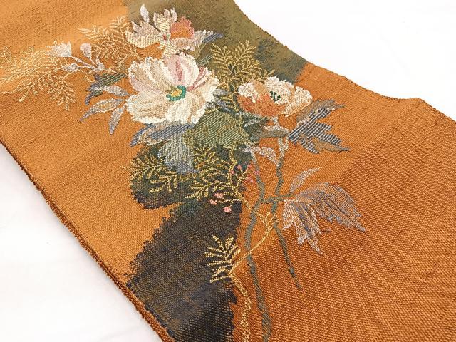 平和屋着物◎八寸名古屋帯　紬地　草花文　正絹　逸品　BAAX3105yc