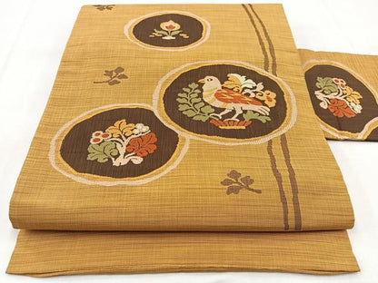 平和屋着物◎九寸名古屋帯　花鳥丸文　正絹　逸品　BAAX3106yc
