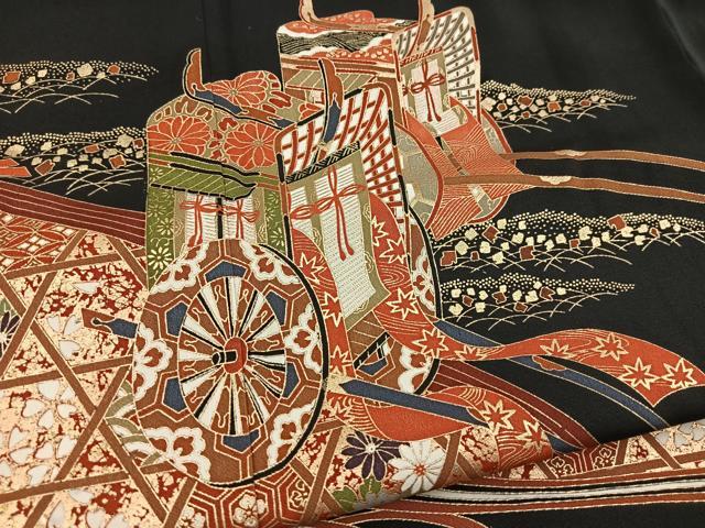 平和屋着物■豪華黒留袖　流水御所車文　金銀彩　正絹　逸品　BAAX3131yc