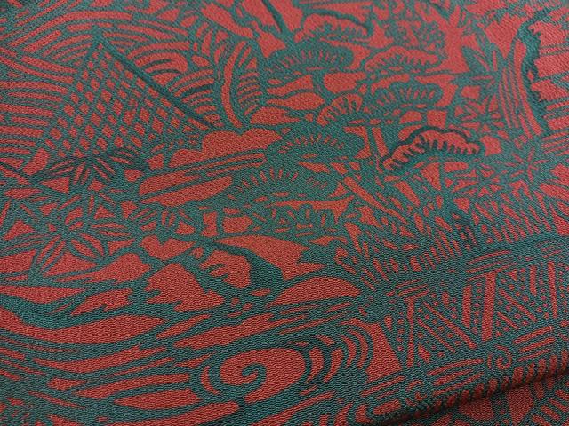 平和屋着物■上質な小紋　型染め　風景花文　鬼しぼ縮緬　正絹　逸品　BAAX3132yc