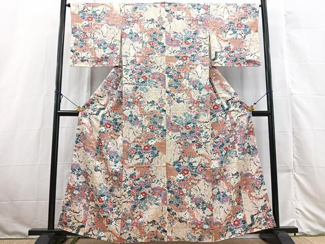 平和屋着物■上質な小紋 手描き 草花文 金彩 正絹 逸品 未使用 BAAX3137yc