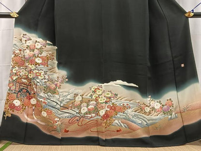 平和屋着物■豪華黒留袖　作家物　刺繍　流水御所車花文　暈し染め　金彩　正絹　逸品　BAAX3141yc