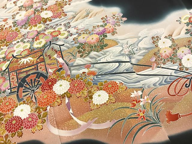 平和屋着物■豪華黒留袖　作家物　刺繍　流水御所車花文　暈し染め　金彩　正絹　逸品　BAAX3141yc