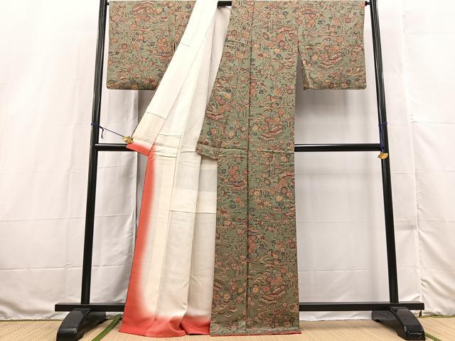 平和屋着物■上質な小紋　型染め　御所解花文　正絹　逸品　BAAX3215yc