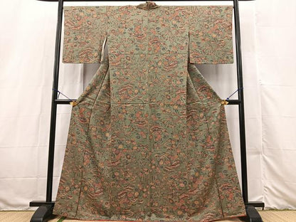平和屋着物■上質な小紋　型染め　御所解花文　正絹　逸品　BAAX3215yc