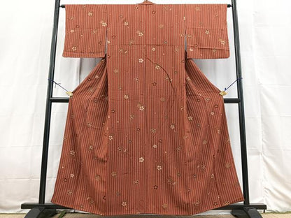 平和屋着物■上質な小紋　桜雨縞文　金彩　正絹　逸品　BAAX3227yc