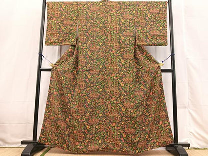 平和屋着物■上質な小紋　切嵌更紗花文　黒緑色　正絹　逸品　BAAX3233yc