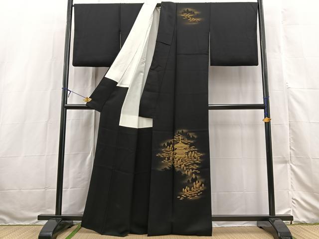 平和屋着物■訪問着　刺繍　風景文　黒地　金彩　正絹　逸品　BAAX3255yc