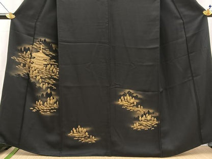 平和屋着物■訪問着　刺繍　風景文　黒地　金彩　正絹　逸品　BAAX3255yc