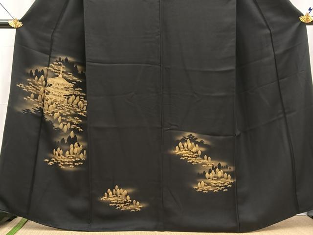 平和屋着物■訪問着　刺繍　風景文　黒地　金彩　正絹　逸品　BAAX3255yc