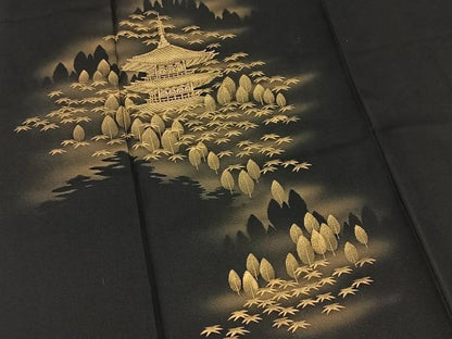 平和屋着物■訪問着　刺繍　風景文　黒地　金彩　正絹　逸品　BAAX3255yc