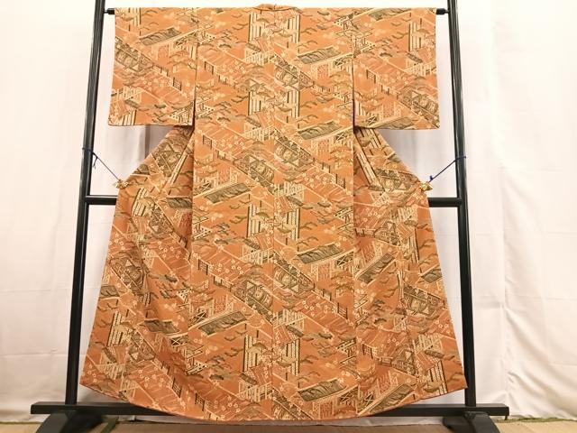 平和屋着物■上質な小紋 型染め 風景松楓文 正絹 逸品 未使用 BAAX3323yc