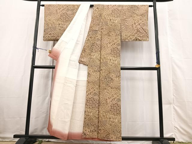 平和屋着物■上質な小紋 切嵌更紗花文 正絹 逸品 BAAX3332yc