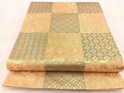 平和屋着物◎六通柄袋帯 市松花文 金糸 正絹 逸品 BAAX3357yc
