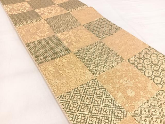 平和屋着物◎六通柄袋帯 市松花文 金糸 正絹 逸品 BAAX3357yc