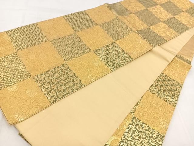 平和屋着物◎六通柄袋帯 市松花文 金糸 正絹 逸品 BAAX3357yc