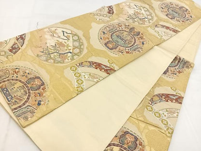 平和屋着物◎六通柄袋帯 人物花絵皿文 金糸 正絹 逸品 BAAX3358yc