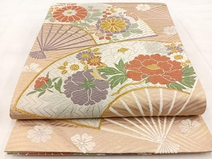 平和屋着物◎六通柄袋帯 唐織 扇面花文 金糸 正絹 逸品 BAAX3360yc