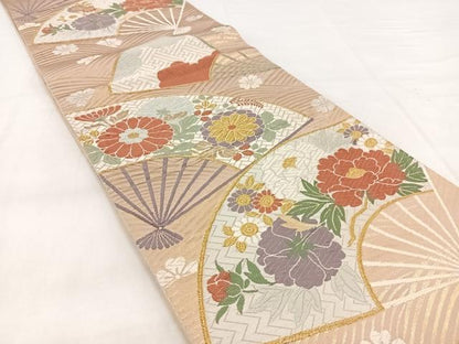 平和屋着物◎六通柄袋帯 唐織 扇面花文 金糸 正絹 逸品 BAAX3360yc