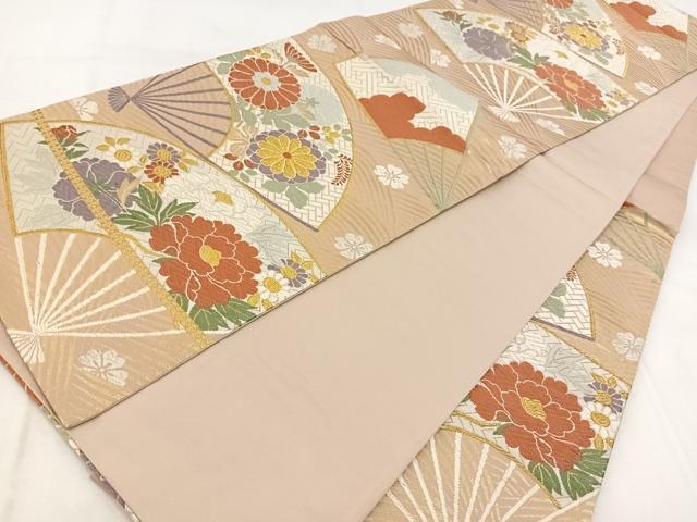平和屋着物◎六通柄袋帯 唐織 扇面花文 金糸 正絹 逸品 BAAX3360yc