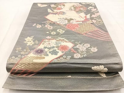 平和屋着物◎六通柄袋帯 唐織 飛鶴扇花蝶文 金銀糸 正絹 逸品 BAAX3363yc
