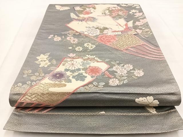 平和屋着物◎六通柄袋帯 唐織 飛鶴扇花蝶文 金銀糸 正絹 逸品 BAAX3363yc