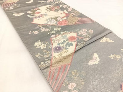平和屋着物◎六通柄袋帯 唐織 飛鶴扇花蝶文 金銀糸 正絹 逸品 BAAX3363yc
