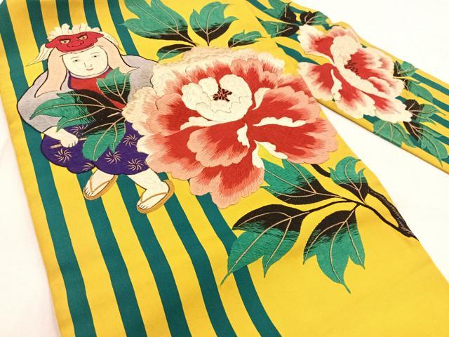 平和屋着物●アンティーク　大正ロマン　九寸名古屋帯　総刺繍　牡丹人物文　金糸　正絹　逸品　BAAX3381yc