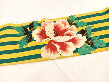 平和屋着物●アンティーク　大正ロマン　九寸名古屋帯　総刺繍　牡丹人物文　金糸　正絹　逸品　BAAX3381yc