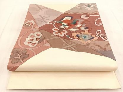 平和屋着物◎太鼓柄袋帯 すくい織 切嵌鴛鴦更紗花 正絹 逸品 BAAX3406yc