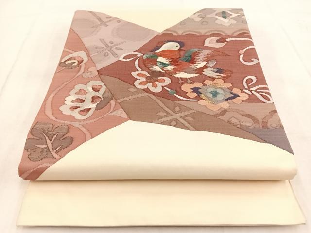 平和屋着物◎太鼓柄袋帯 すくい織 切嵌鴛鴦更紗花 正絹 逸品 BAAX3406yc