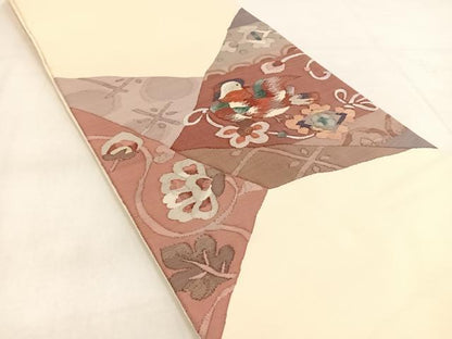 平和屋着物◎太鼓柄袋帯 すくい織 切嵌鴛鴦更紗花 正絹 逸品 BAAX3406yc