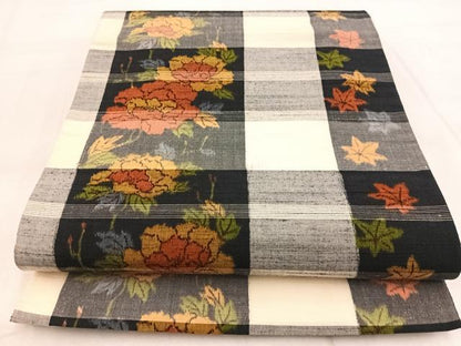 平和屋着物◎全通柄袋帯 紬地 楓牡丹文 正絹 逸品 BAAX3407yc
