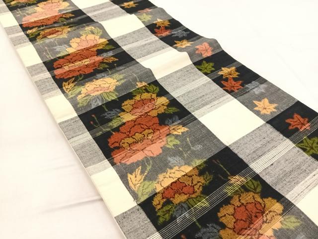 平和屋着物◎全通柄袋帯 紬地 楓牡丹文 正絹 逸品 BAAX3407yc