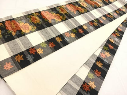 平和屋着物◎全通柄袋帯 紬地 楓牡丹文 正絹 逸品 BAAX3407yc
