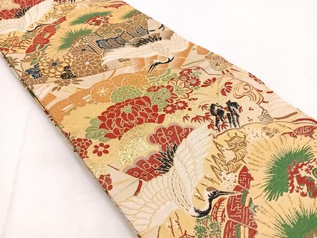 平和屋着物◎アンティーク　大正ロマン　丸帯　唐織　飛鶴御所車花文　金糸　正絹　逸品　BAAX3409yc