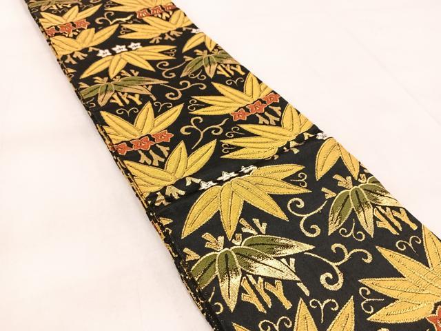 平和屋着物◎半幅帯　笹竜胆文　黒地　金糸　正絹　逸品　BAAX3416yc