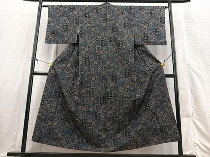 平和屋着物■上質な紬　幾何学花文　正絹　逸品　BAAX3424yc