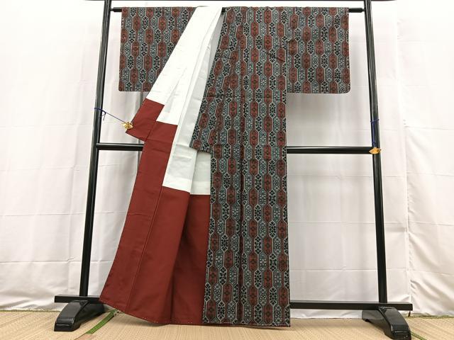 平和屋着物■上質な紬 幾何学花文 正絹 逸品 未使用 BAAX3458yc