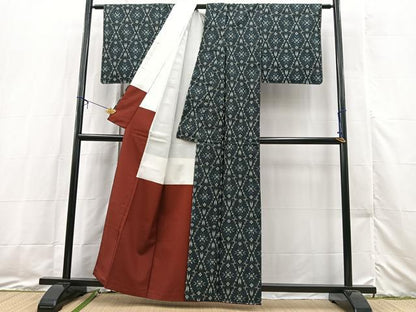 平和屋着物■本場村山大島紬　幾何学文様　正絹　逸品　BAAX3472yc