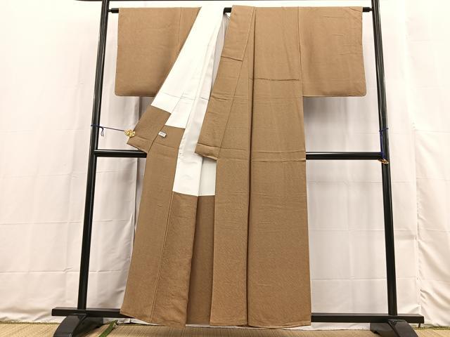 平和屋着物●立体友禅作家　涌波紅彩　色無地　ワンポイント　斜線地紋　朽葉色　正絹　逸品　未使用　BAAX3495yc